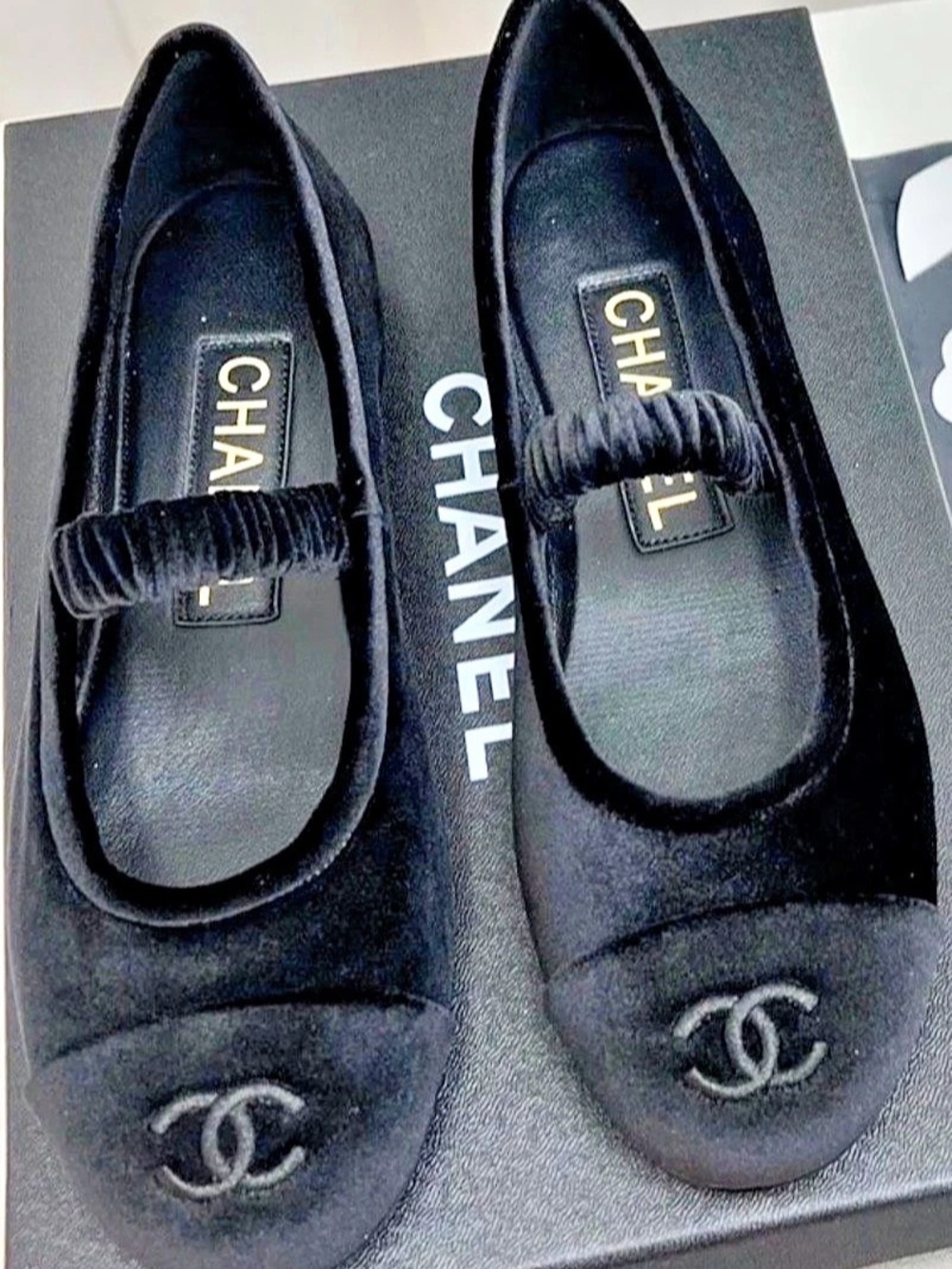 Chanel Velvet Mary Jane Flats Black